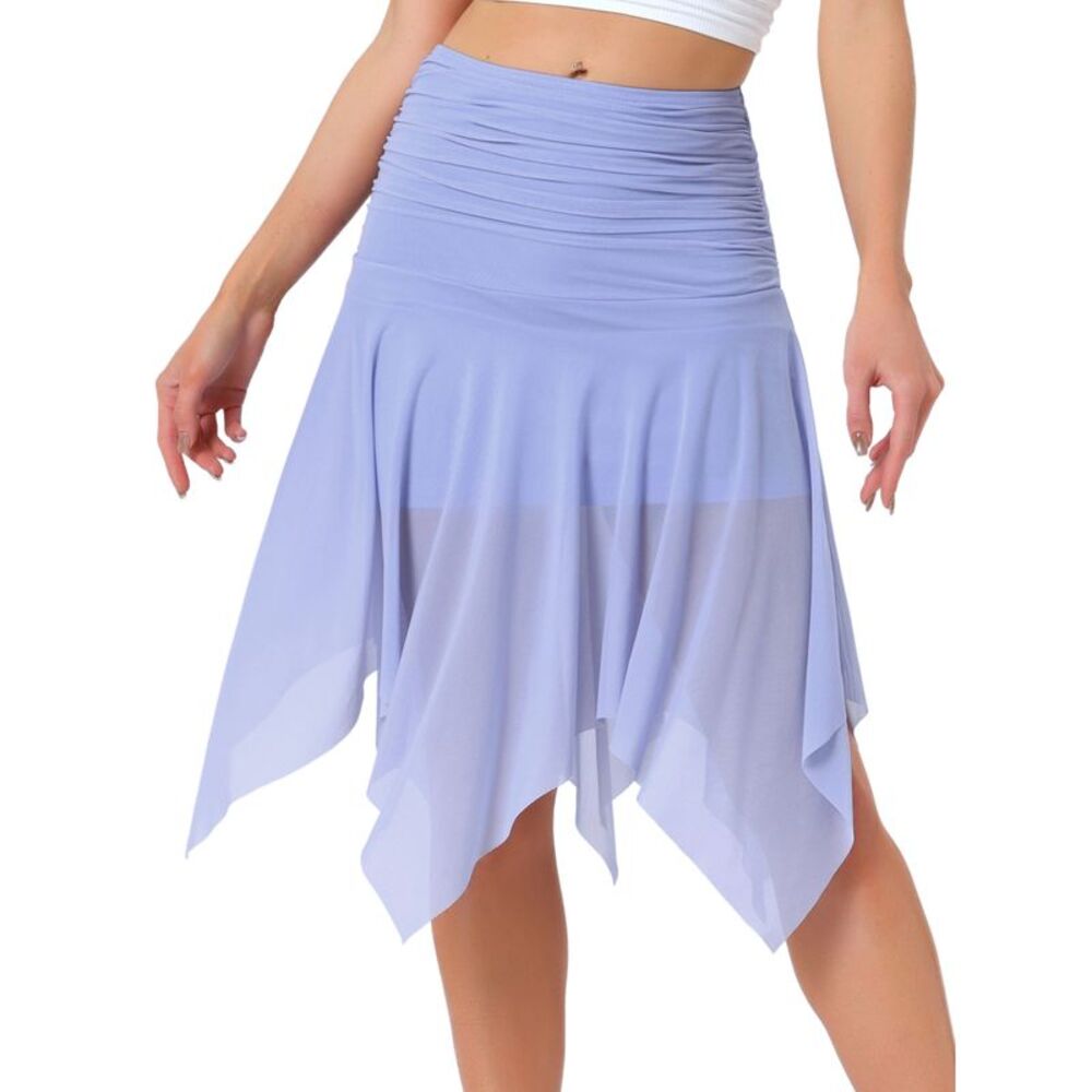 Asymmetrical Skirt High Waisted Ruched Flowy Mesh Midi Skirts Blue